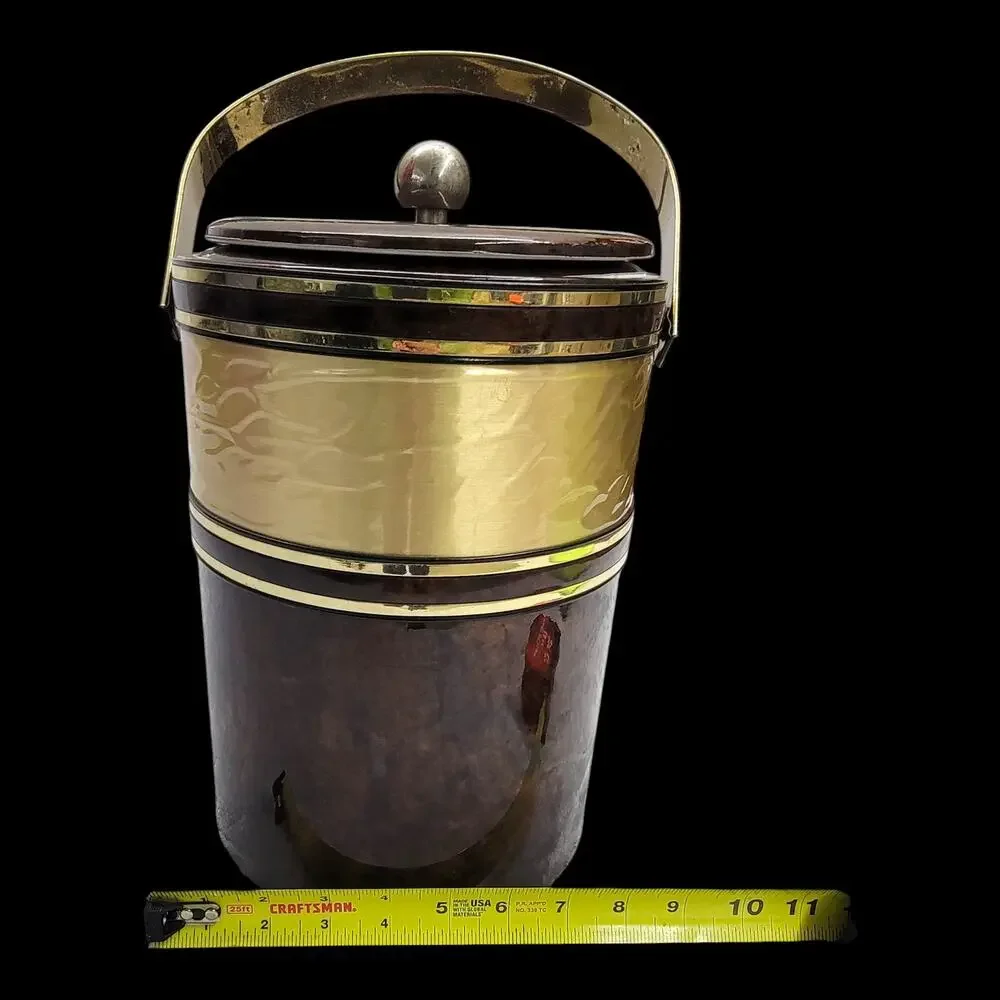 Vintage Mid Century Ice Bucket Brass Handle Faux Tortoiseshell Barware